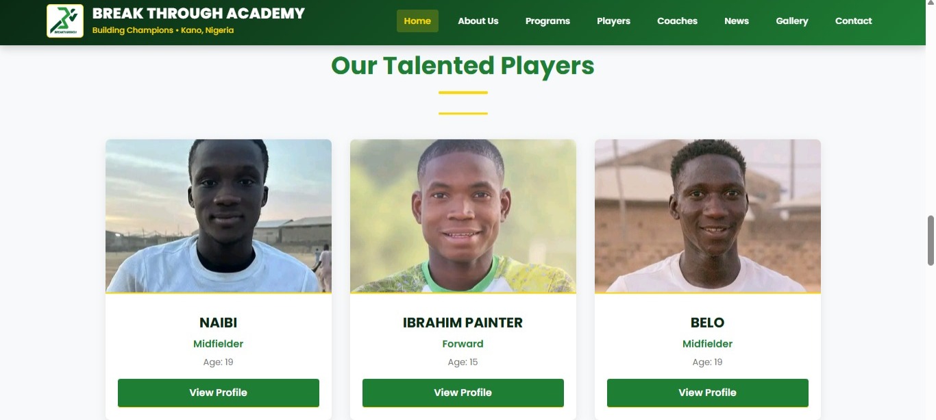 Mockup for Breakthrough Football Academy CMS Platform