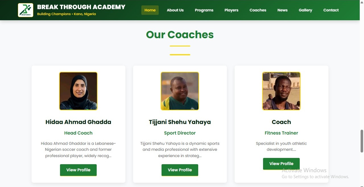Mockup for Breakthrough Football Academy CMS Platform